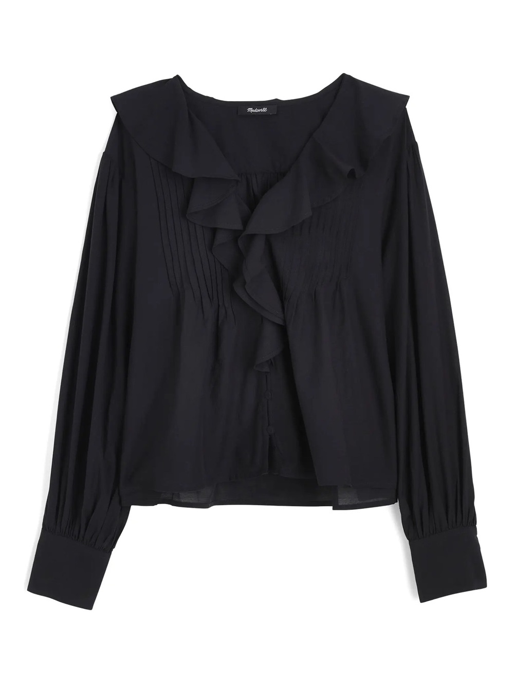 madewell black ruffle pintuck long sleeve top